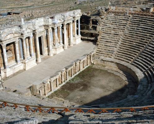 Hierapolis Ancient Theatre in Pamukkale Ancient Roman theatre of Hierapolis overlooking Pamukkale in Denizli Turkey