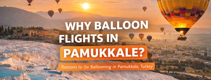 Hot air balloons flying over Pamukkale travertine terraces at sunrise